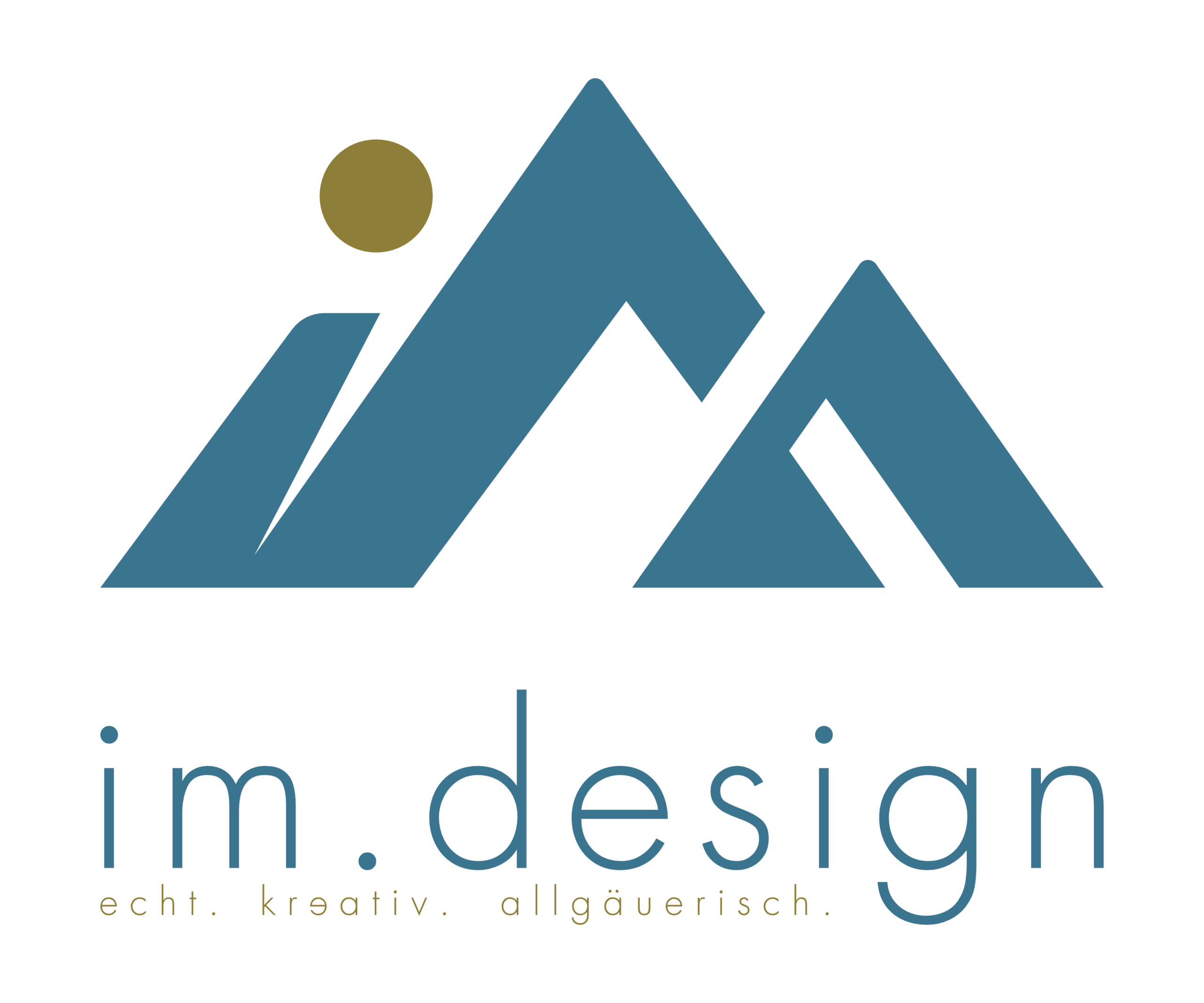 Offizielles farbiges Logo von im.design mit Slogan. Die Darstellung zeigt eine stilisierte Bergsilhouette mit einer aufgehenden Sonne.